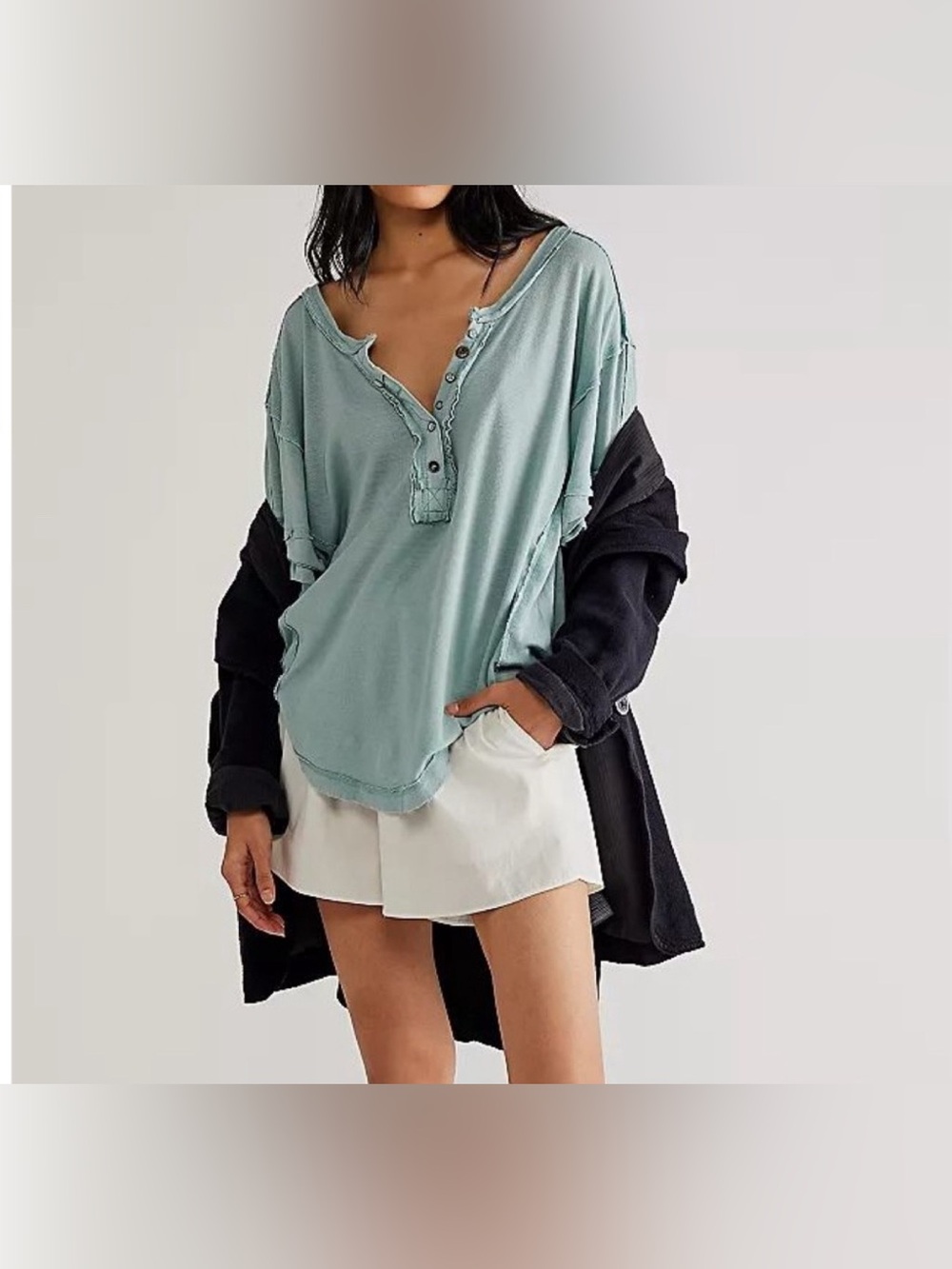 Free People Washed Sage Green Button Henley Short Sleeve Tee - Picture 2 of 8